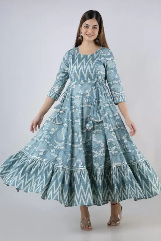 Seagreen Rayon Printed Round Neck 3/4 Sleeves Calf Length Flared Kurta