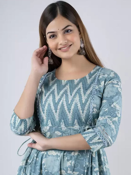 Seagreen Rayon Printed Round Neck 3/4 Sleeves Calf Length Flared Kurta