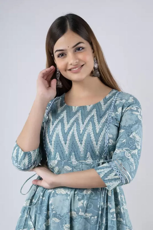 Seagreen Rayon Printed Round Neck 3/4 Sleeves Calf Length Flared Kurta