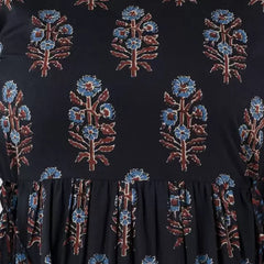 Black Cotton Printed Round Neck 3/4 Sleeves Calf Length Flared Kurta