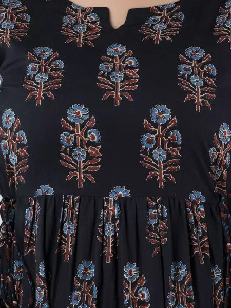 Black Cotton Printed Round Neck 3/4 Sleeves Calf Length Flared Kurta