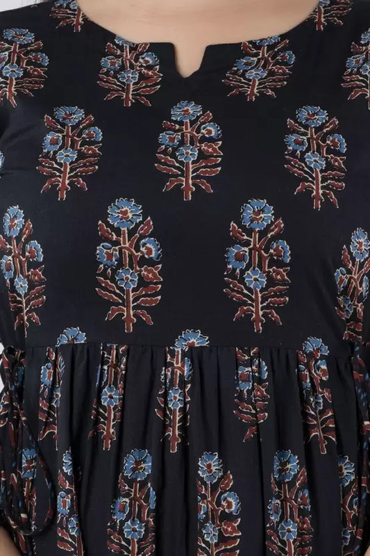 Black Cotton Printed Round Neck 3/4 Sleeves Calf Length Flared Kurta