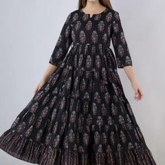 Black Cotton Printed Round Neck 3/4 Sleeves Calf Length Flared Kurta
