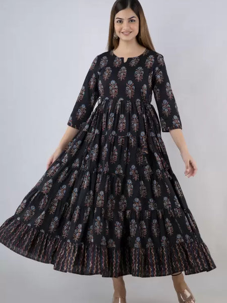 Black Cotton Printed Round Neck 3/4 Sleeves Calf Length Flared Kurta