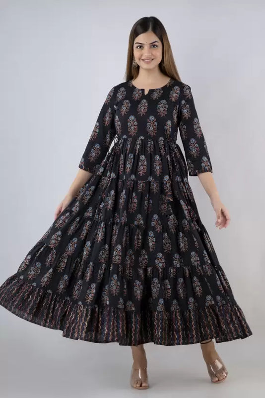 Black Cotton Printed Round Neck 3/4 Sleeves Calf Length Flared Kurta