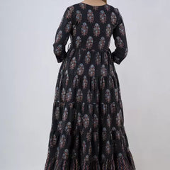 Black Cotton Printed Round Neck 3/4 Sleeves Calf Length Flared Kurta