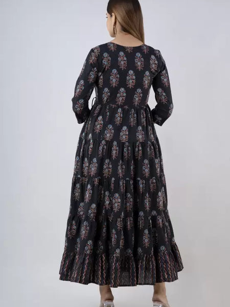 Black Cotton Printed Round Neck 3/4 Sleeves Calf Length Flared Kurta