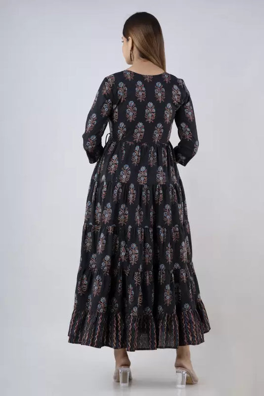 Black Cotton Printed Round Neck 3/4 Sleeves Calf Length Flared Kurta