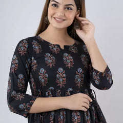 Black Cotton Printed Round Neck 3/4 Sleeves Calf Length Flared Kurta