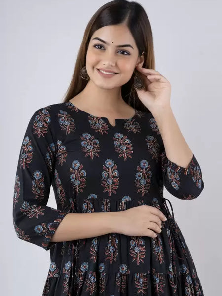 Black Cotton Printed Round Neck 3/4 Sleeves Calf Length Flared Kurta