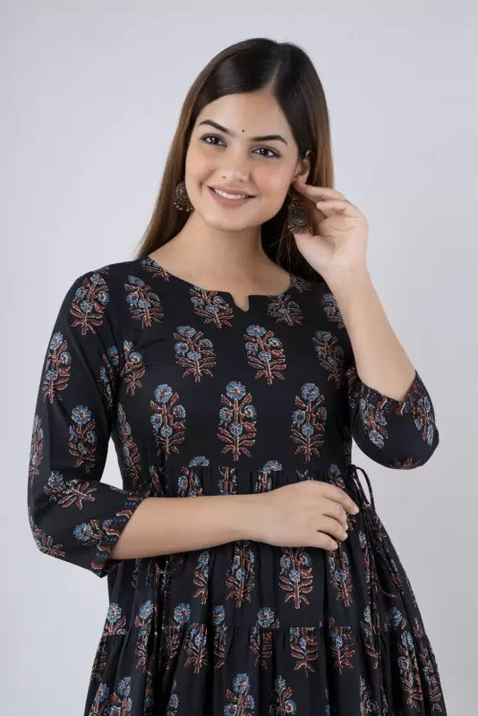 Black Cotton Printed Round Neck 3/4 Sleeves Calf Length Flared Kurta