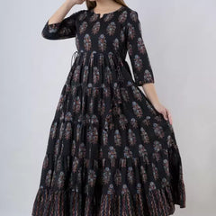 Black Cotton Printed Round Neck 3/4 Sleeves Calf Length Flared Kurta