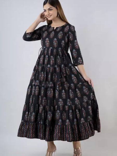 Black Cotton Printed Round Neck 3/4 Sleeves Calf Length Flared Kurta