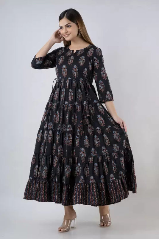 Black Cotton Printed Round Neck 3/4 Sleeves Calf Length Flared Kurta