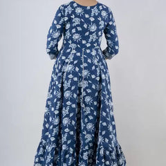 Indigo Rayon Printed Embroidered Round Neck 3/4 Sleeves Calf Length Flared Kurta