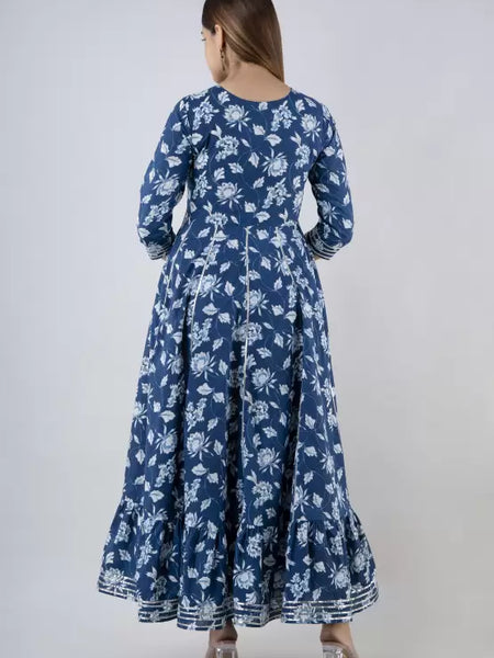 Indigo Rayon Printed Embroidered Round Neck 3/4 Sleeves Calf Length Flared Kurta