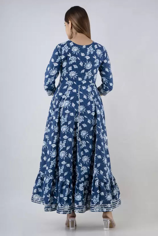 Indigo Rayon Printed Embroidered Round Neck 3/4 Sleeves Calf Length Flared Kurta