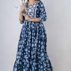 Indigo Rayon Printed Embroidered Round Neck 3/4 Sleeves Calf Length Flared Kurta
