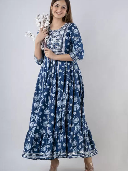 Indigo Rayon Printed Embroidered Round Neck 3/4 Sleeves Calf Length Flared Kurta