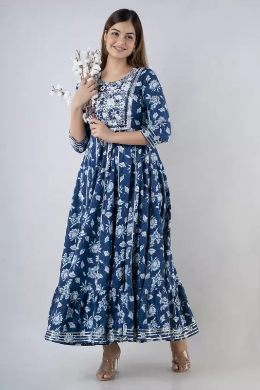 Indigo Rayon Printed Embroidered Round Neck 3/4 Sleeves Calf Length Flared Kurta