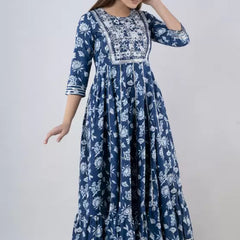 Indigo Rayon Printed Embroidered Round Neck 3/4 Sleeves Calf Length Flared Kurta