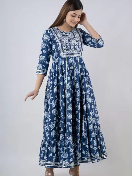 Indigo Rayon Printed Embroidered Round Neck 3/4 Sleeves Calf Length Flared Kurta