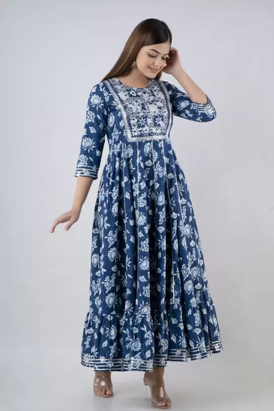 Indigo Rayon Printed Embroidered Round Neck 3/4 Sleeves Calf Length Flared Kurta