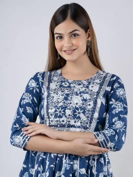 Indigo Rayon Printed Embroidered Round Neck 3/4 Sleeves Calf Length Flared Kurta