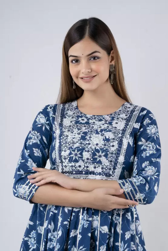 Indigo Rayon Printed Embroidered Round Neck 3/4 Sleeves Calf Length Flared Kurta